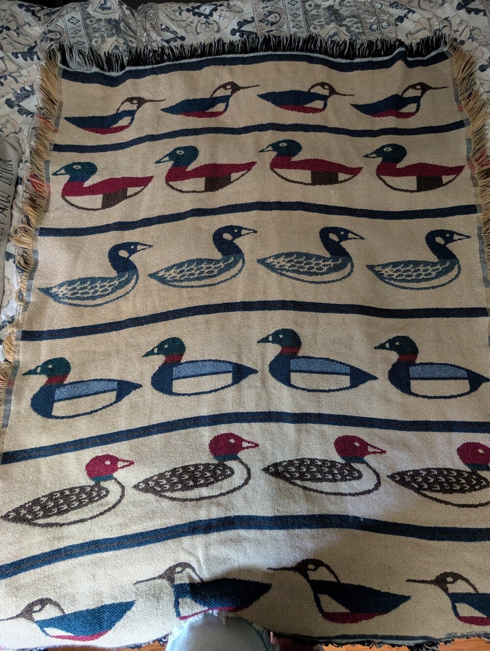 Vintage 90s Rustic Mallard Duck Woven Afghan Blanket Tapestry Cabincore